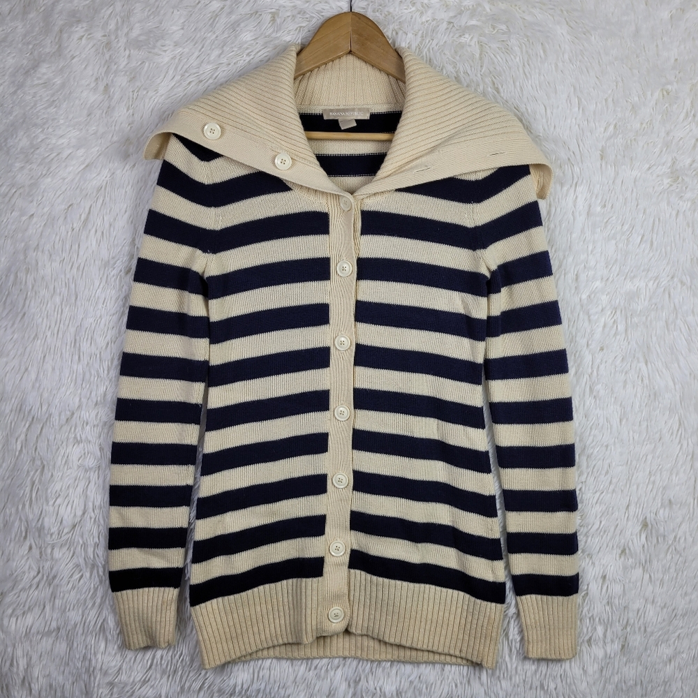 Banana Republic Womens S Navy & Cream Stripe‎ Merino Wool Sweater Sailor Collar